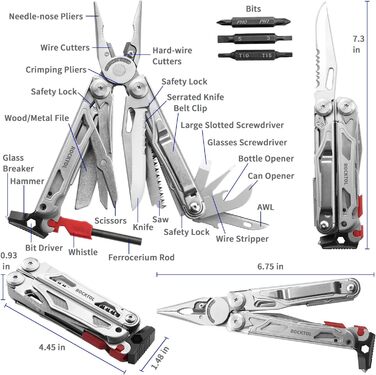 ROCKTOL 22-in-1 Multifunction Pliers - Camping Survival Tool with Fire Starter, Whistle, Glass Breaker & Safety Lock