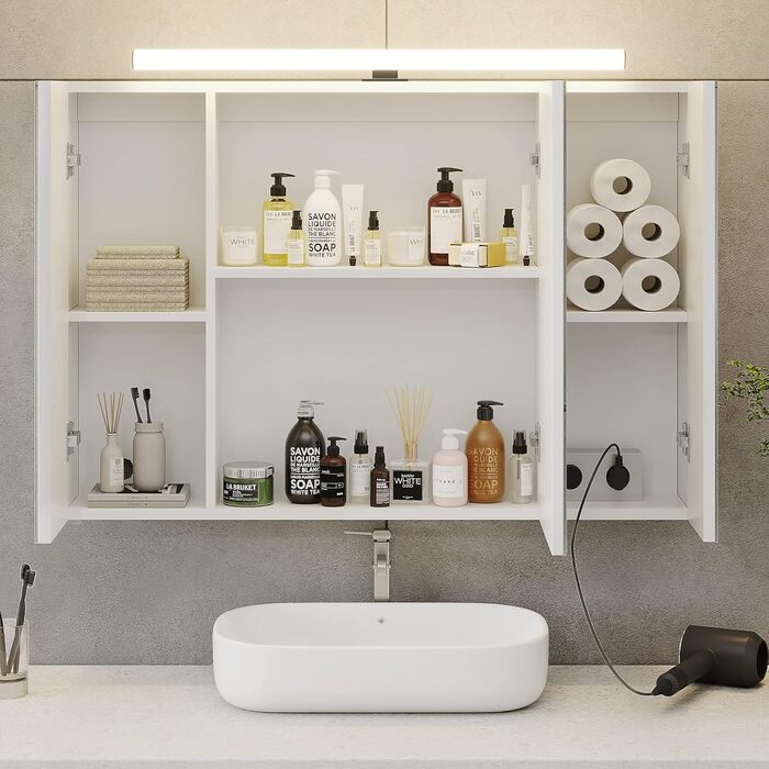 Дзеркальна шафа для ванної кімнати DICTAC з LED-підсвічуванням, розеткою та вимикачем (90x16x60 см), 3 дверцята, білий колір