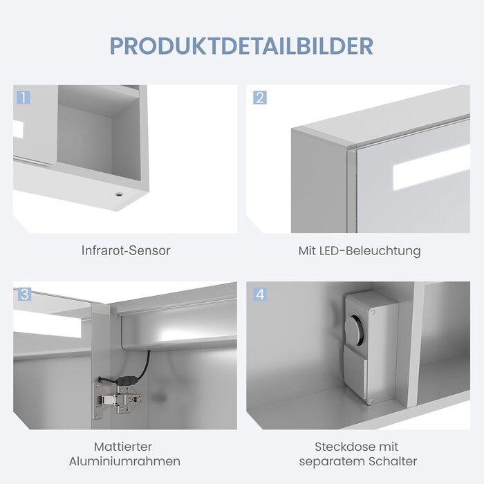 Дзеркальна шафка для ванної кімнати AQUABATOS з розеткою, підсвічуванням LED, 50x70 см. Шафка для ванної кімнати з дзеркалом, інфрачервоний сенсор, регулювання яскравості, протизапітніння, холодний білий колір світла (Тип 07L)