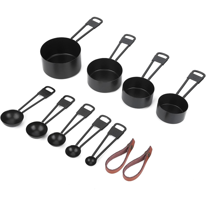 Qukaim Measuring Cup Set, 9-piece, black, stainless steel, including measuring spoons and scoops, kitchen and baking accessories, easy-to-read scale