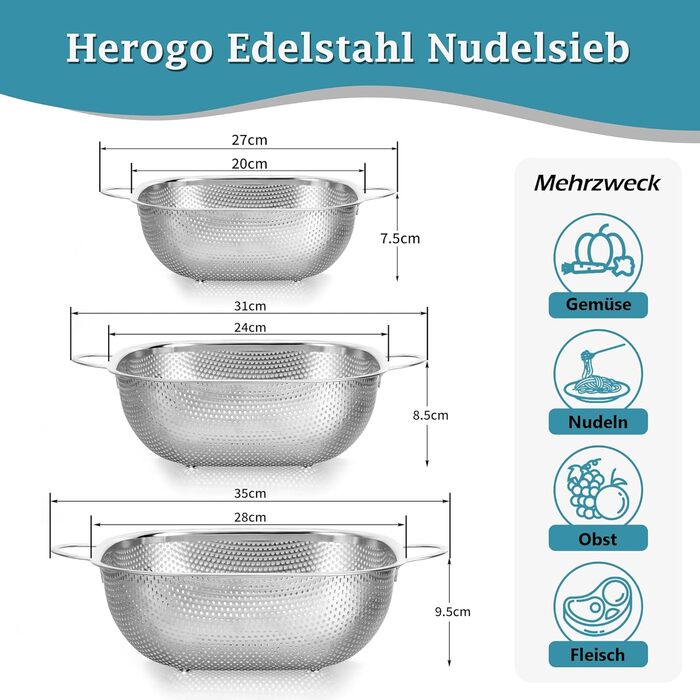 Набір сит Herogo (3 шт.) з нержавіючої сталі, 20/24/28 см, для макаронів, фруктів, овочів, з мікроперфорацією, з зручним ручним захопленням, з гладкими краями та піднятими ніжками, придатні для миття в посудомийній машині