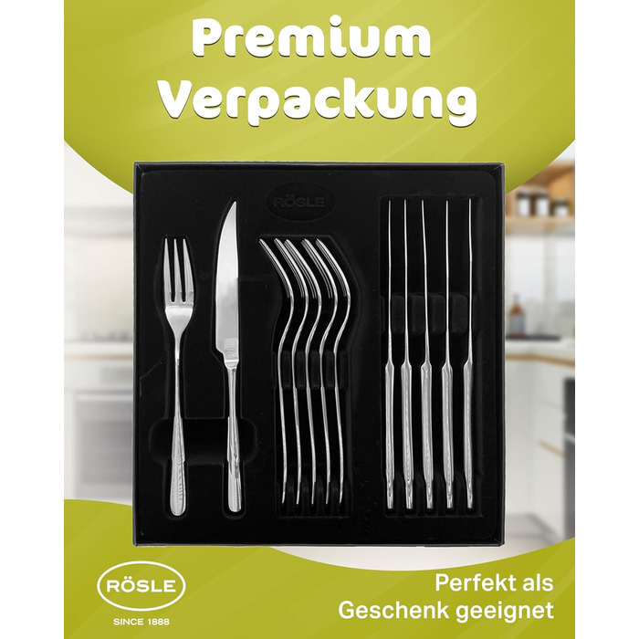 RÖSLE ELEGANCE Steak Set, 12-Piece – High-Quality Steak Set for 6 People made of Stainless Steel 18/10 and Special Blade Steel – Highly Polished, Dishwasher-Safe, in Elegant Gift Box, 12-Piece Steak Set