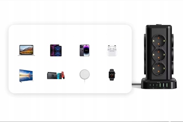 Мережевий фільтр Perys: 12 розеток, 3x USB-A, 3x USB-C, 2 м, чорний