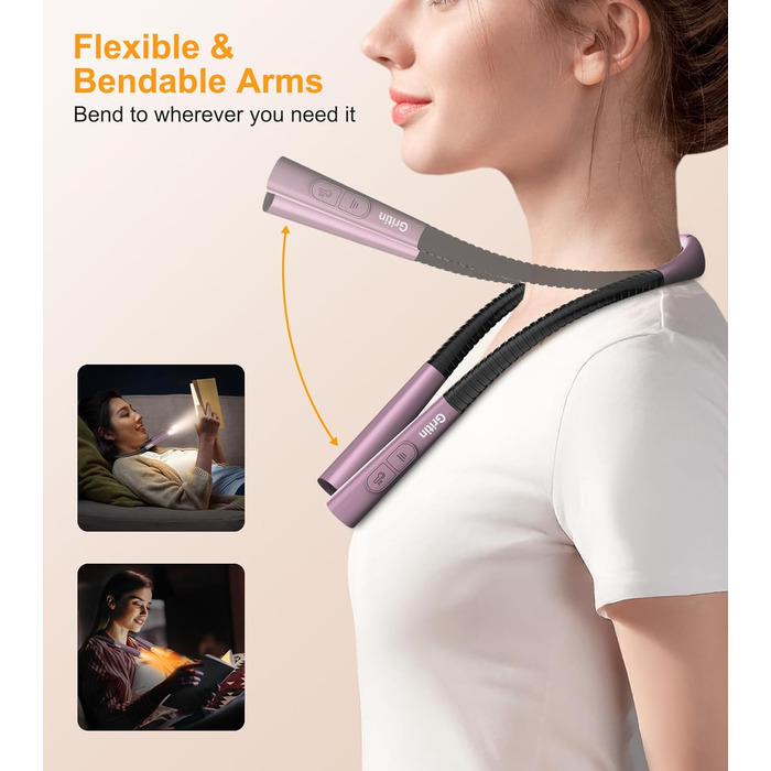 Настільна лампа Gritin для читання, на шию, з 4 кольорами та 5 рівнями яскравості - безступеневе регулювання, захист очей, акумулятор 80 годин, регульована рука, ергономічне світло для читання в ліжку/в'язання/рукоділля (нічне фіолетове)