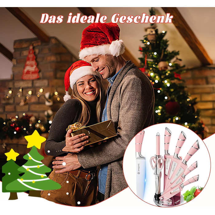 Набір кухонних ножів 9 шт. з поворотним блоком з акрилу, професійний набір кухонних ножів з нержавіючої сталі, з точилкою, подарунок для сім'ї (рожевий)