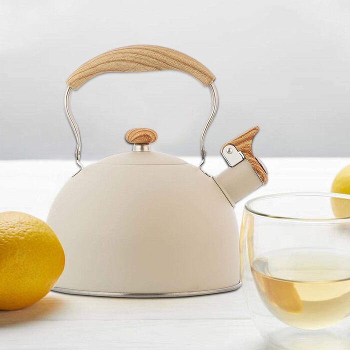 Чайник для плити Induktion 2.5L з дерев'яною текстурою, нержавіюча сталь, чайник-свисток Retro