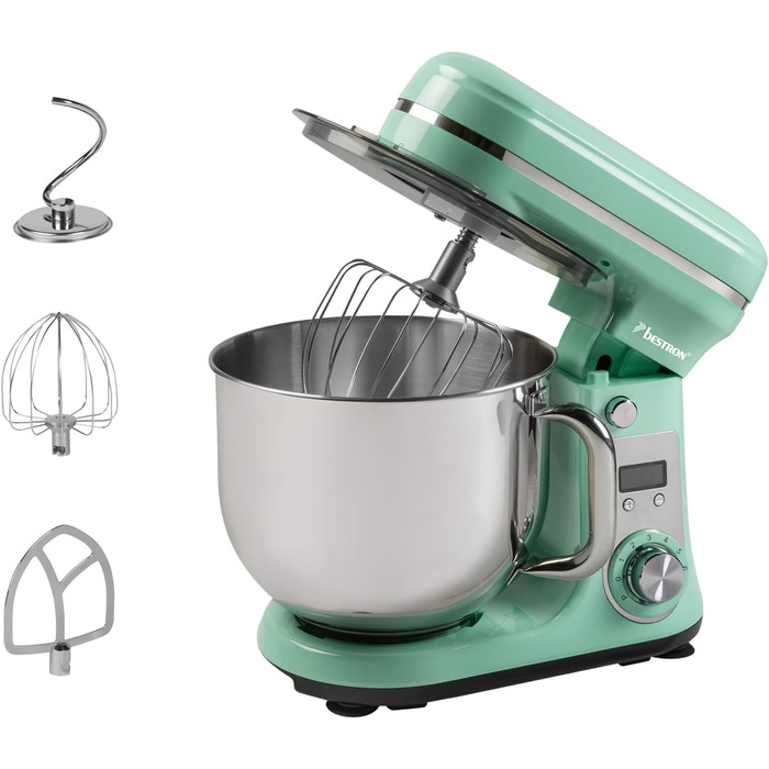 Кухонна машина Bestron Super Silent (65db) 4-в-1 з DC-двигуном, 6 л чаша, гак для тіста, вінчик, лопатка, 6 швидкостей + Pulse, м'ятний колір