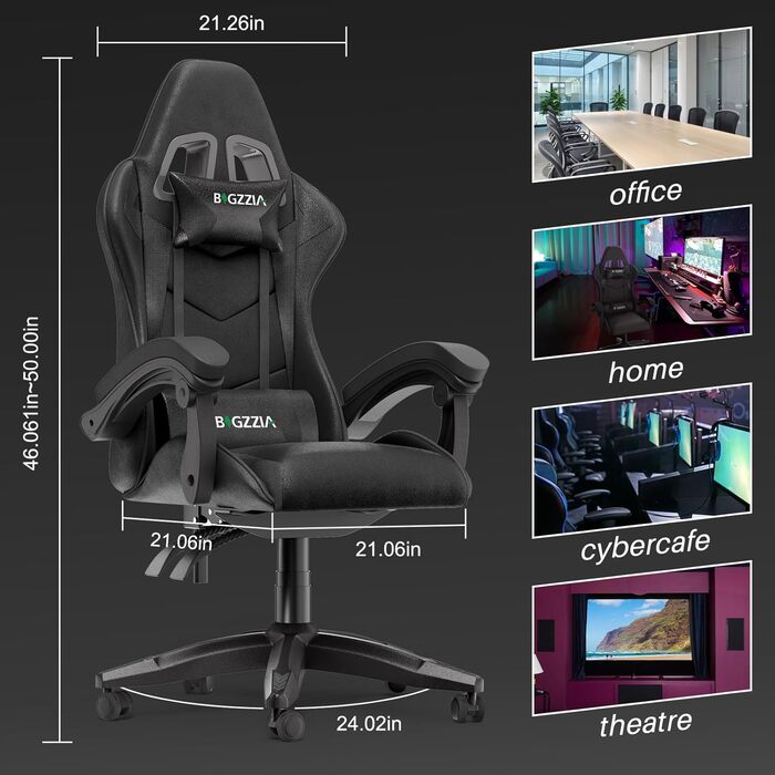 Геймерське крісло Bigzzia Ergonomiczne: з подушкою для попереку та підголовником, регульована висота, чорне, для підлітків та дорослих