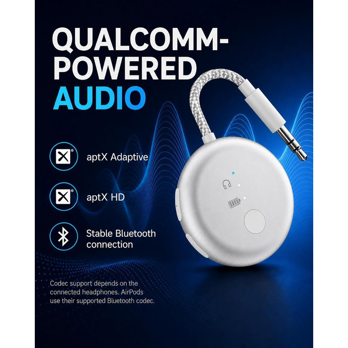 Bluetooth-адаптер для літака Avantree SoundJet R1 для AirPods та бездротових навушників, сріблястий, 25 год роботи