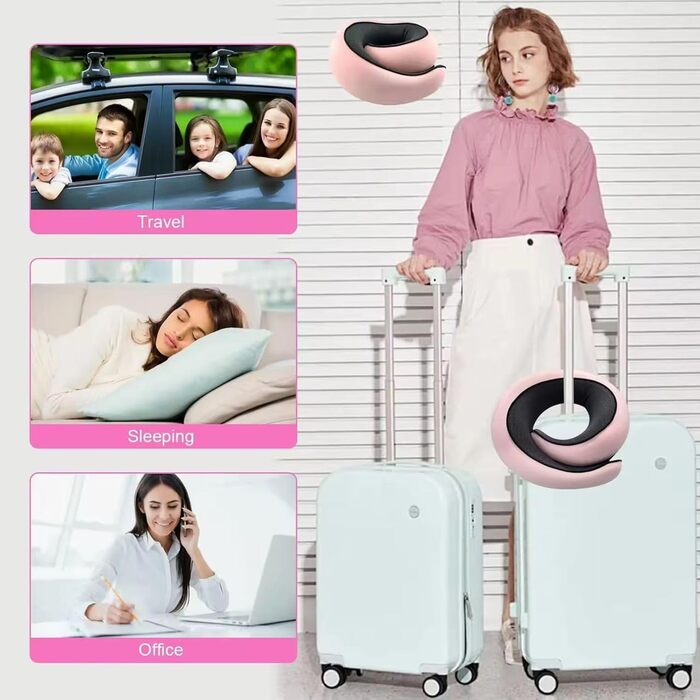 Подушка для шиї Rose - ергономічна, з піною з пам'яті, для подорожей, з маскою для очей та навушниками, рожева