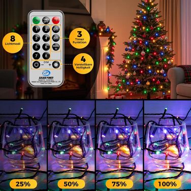 LED гірлянда для прикраси ялинки та декору на балкон/сад: 5м, 150 LED, тепле біле світло, 8 режимів, таймер, пульт, для внутрішнього та зовнішнього використання