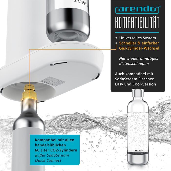 Arendo Soda Maker - Газова вода вдома: приготуйте газовану воду без цукру та барвників! Сумісний з CO2 балонами 60 л, пляшка 1000 мл, BPA free