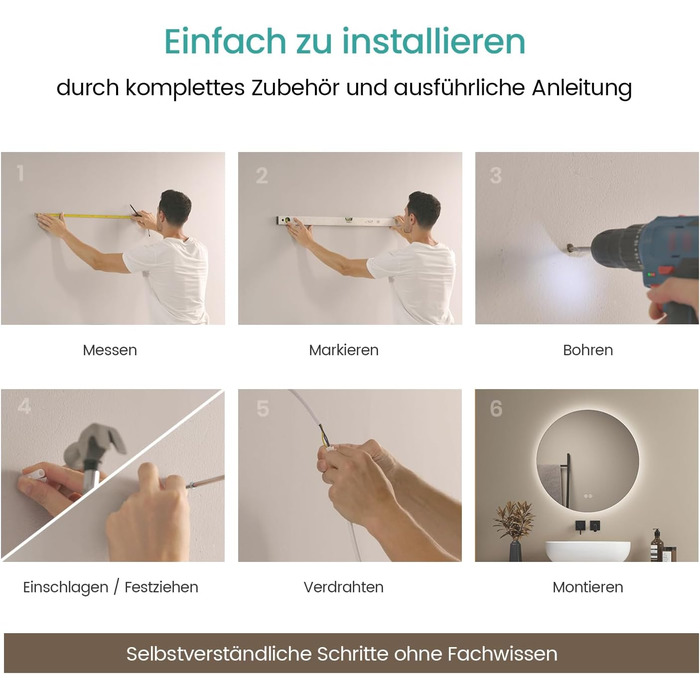 Круглий дзеркало для ванної кімнати EMKE з підсвіткою 80 см – дзеркало з 3 кольорами світла, регулюванням яскравості, сенсорним керуванням, функцією пам'яті, енергозберігаюче – дзеркало для ванної кімнати та настінне дзеркало (50x50 см)