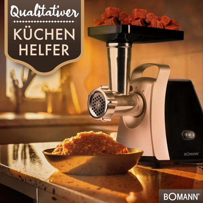 М'ясорубка електрична Bomann® FW 6067 CB Edelstahl (1000W) з насадкою для печива та вареників, 3 металеві диски, функція реверсу, набір для фаршу, нержавіюча сталь, модель 2024