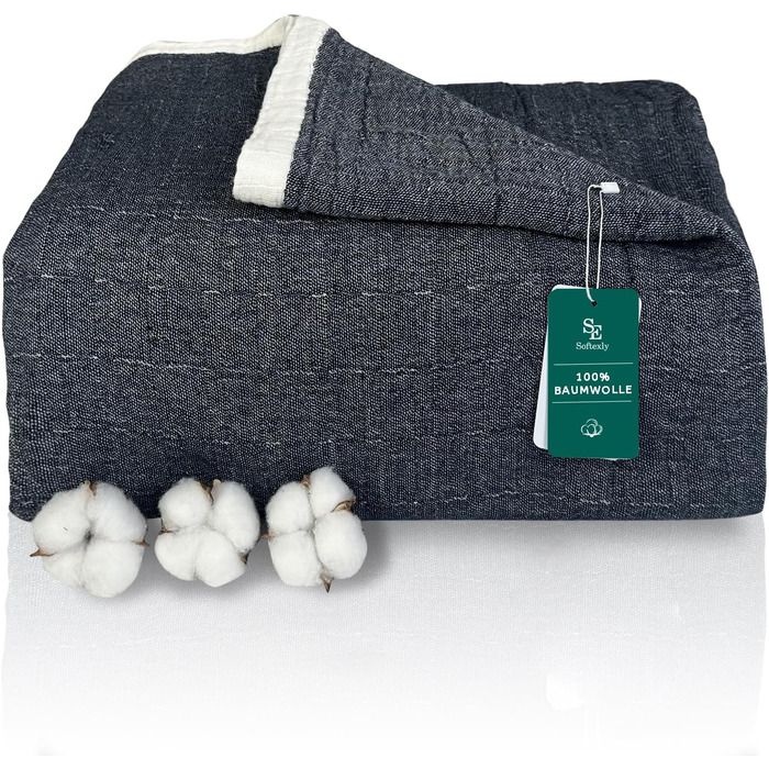 Плед SE SOFTEXLY з бавовни 100%, 4-шаровий м'який плед муслін, ковдра, покривало для ліжка, дивана, вітальні, підходить для будь-якої пори року, колір білий (темно-синій), розмір 130x150 см, 150 x 200 см