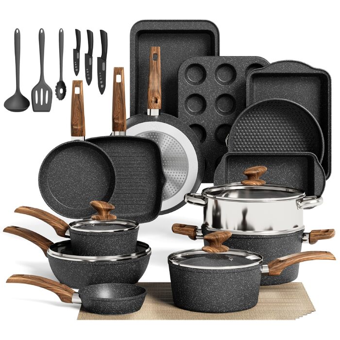 Набір посуду Kitchen Academy для індукційних плит, гранітне покриття, 30 предметів, чорний