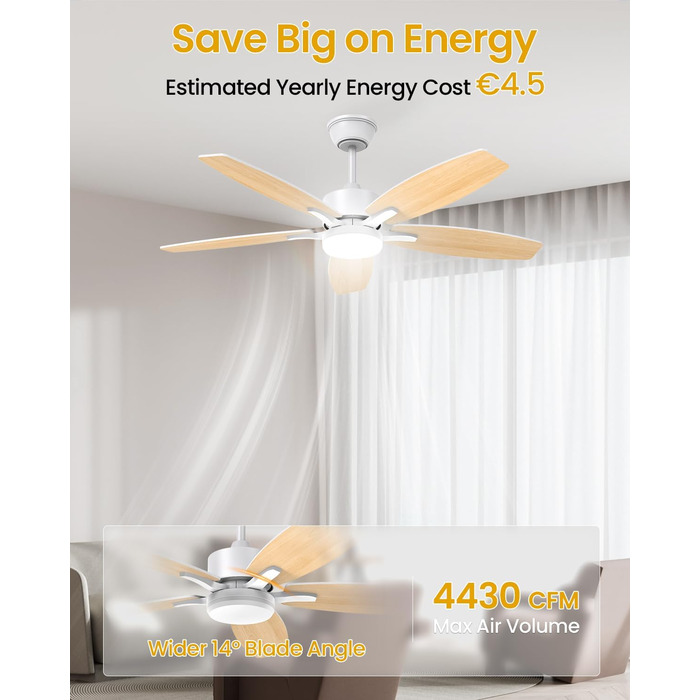 Стелянка вентилятор 106 см з підсвіткою, двосторонні лопаті, тихий вентилятор з LED-лампою та пультом керування, для спальні/вітальні, DC мотор, штанга світлого дерева