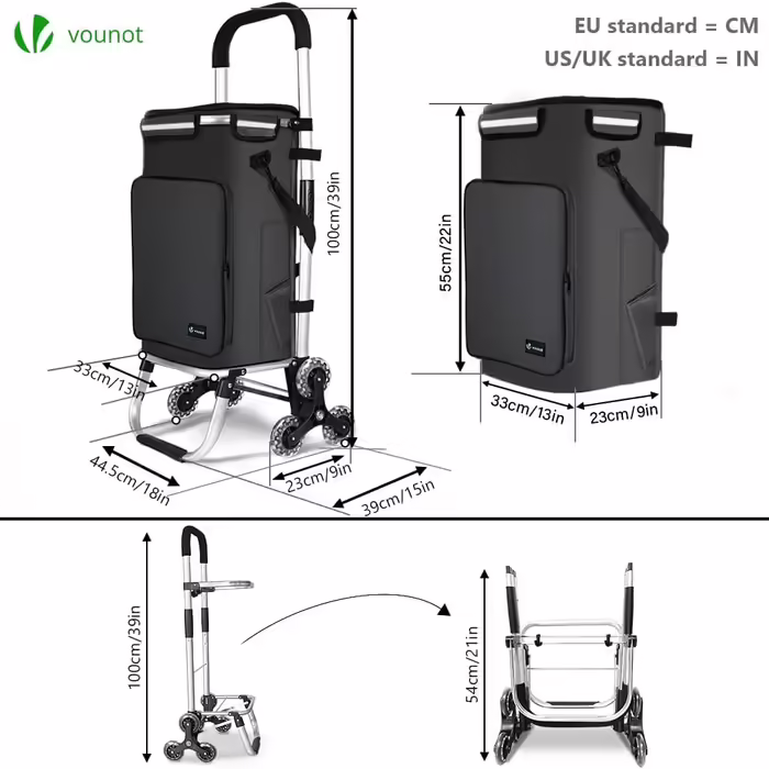 VOUNOT® Aluminum Shopping Trolley Stair Climber, 3-in-1 Trolley Shopping Cart Foldable, Hatching Cart with Cooler Compartment and Hooks, 6 Wheels & Large Capacity, Waterproof, (60L, Black)