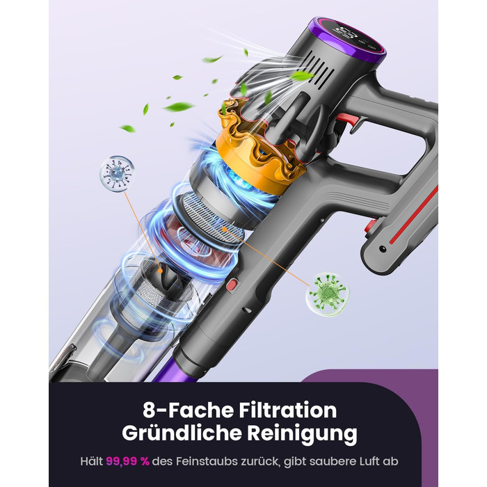 Бездротовий акумуляторний пилосос 45000 Па/580 Вт/70 хв, легкий, 6-в-1, з LED дисплеєм, станцією зарядки та насадкою проти спутання шерсті, для твердих поверхонь, килимів та шерсті тварин