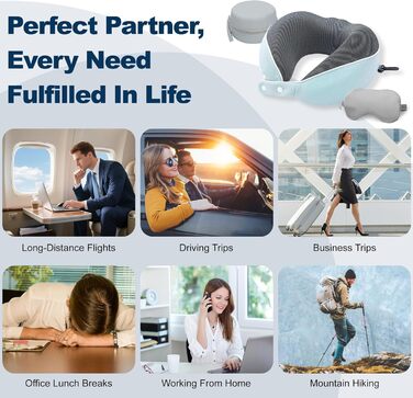 Подушка для шиї Comfy - подорожі літаком/автомобілем, memory foam, маска для сну, 360° підтримка (Морська блакить)