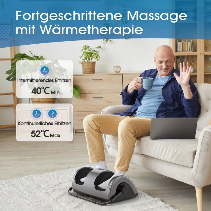 Електричний масажер для ніг TISSCARE з підігрівом, Shiatsu масаж для ніг та литок, роликовий та компресійний масаж, регульована ручка 360°, для зняття болю, сірий