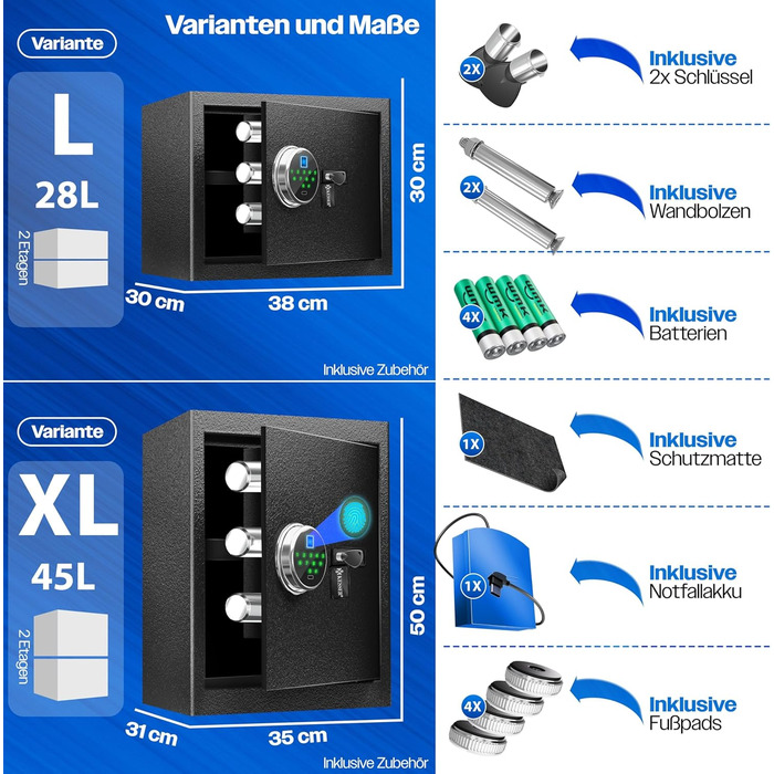 Електронний сейф KESSER® з відбитком пальця та замком | З резервним акумулятором | Сейф для підлоги, стіни, меблів | Чорний | 3-х болонцева замикання