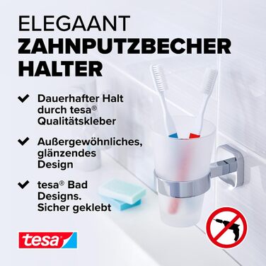tesa ELEGAANT Toothbrush Holder - Glass Cup with Chrome Wall Mount - For Wall Mounting Without Drilling - 80mm x 125mm x 120mm