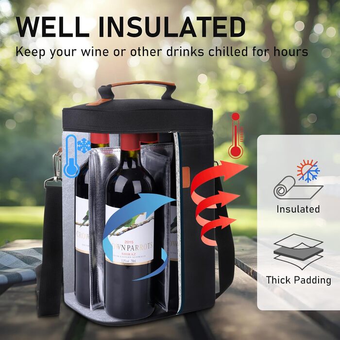 Kato Tirrinia Insulated Wine Cooler Bag, 4 Bottle Cooler Bag Wine Bag Beverage Bags with Handle and Adjustable Shoulder Strap, Gift for Wine Lovers for Picnic, Party, Beach (Cooler for 4 Bottles - Black)