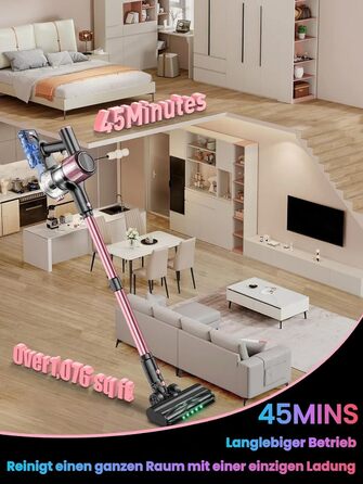 Бездротовий акумуляторний пилосос SUXIANGVAC 45000Pa/500W з LED дисплеєм та антинамотувальною насадкою, 73см подовжуваний шланг для твердих поверхонь, килимів та шерсті тварин, Рожевий