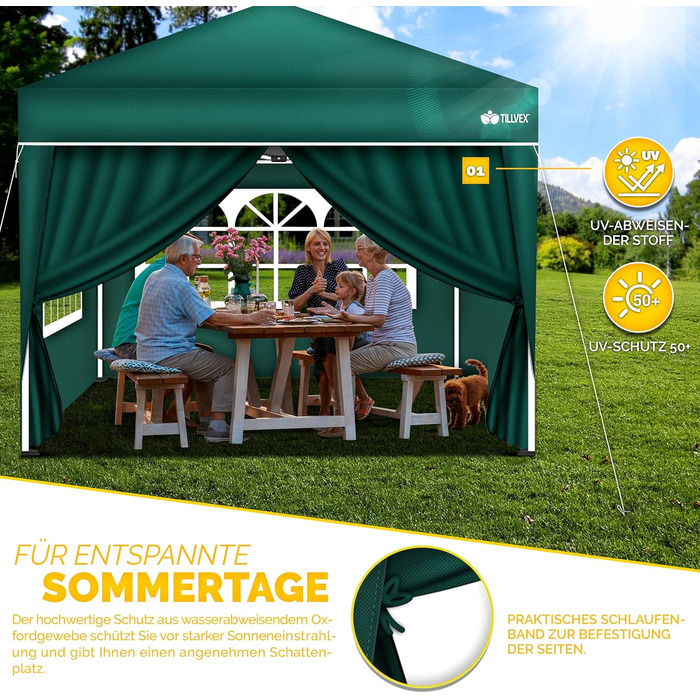 tillvex® for 3x3m Pavilion | Folding Pavilion Side Walls Water-Repellent | Side Windows & Zipper | Side Walls for Garden Tent Party Tent (4x Side Wall, Green)