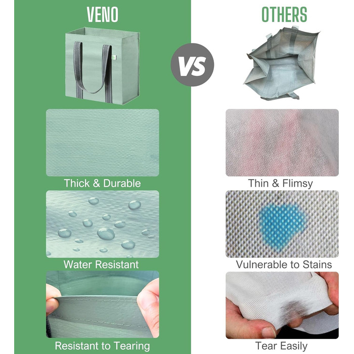 VENO 34 Liter Large Shopping Bag Foldable with Sturdy Bottom and Front Pocket, Reusable Shopping Bags Water-Repellent Tote Bag Shopping Basket for Shopping Picnic (Light Green, 4-Pack)