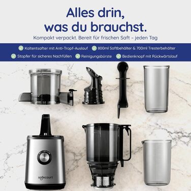 Електрична повільна соковижималка Safecourt для овочів та фруктів (Slow Juicer) з XXL завантажувальним отвором, срібляста