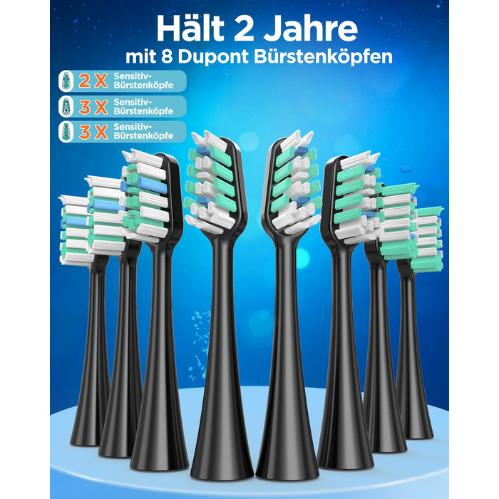Електрична зубна щітка зі звуковими вібраціями, 8 насадок (3 типи), таймер, 120 днів роботи від акумулятора, 5 режимів чищення, чорний колір, для дорослих, з зарядною станцією