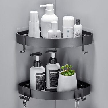 FIISAYL Shower Shelf No Drilling Shower Shelf Corner Bathroom Organizer Shower Basket, Shower Corner Shelf with 4 Hooks Space Aluminum Wall Mount Black, 2 Pack