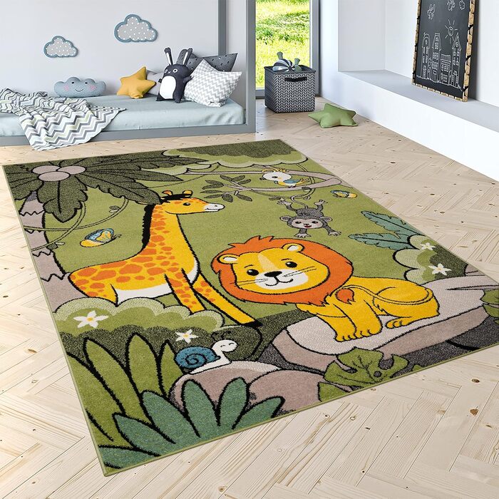 Paco Home Children's Rug Play Rug Jungle Animals Palm Trees MONKEY Elephant Giraffe Lion Green, Size: 80x150 cm