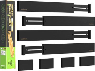 ANTOWIN Adjustable Drawer Dividers Bamboo (43-56 cm), Drawer Organizer, Spring-loaded, Kitchen, Chest of Drawers, Bathroom, Bedroom, Baby Drawer, Desk Organization System (Black)