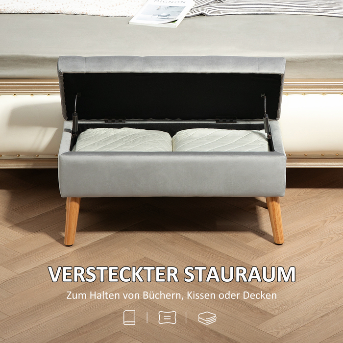 HOMCOM Storage Bench, Upholstered Bench with Lid, Bed Bench with Velvet Look, for Entryway, Bedroom, Living Room, Rubber Wood 102 x 35 x 43 cm Grey | Aosom