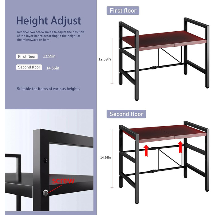 Підставка для мікрохвильової печі UBRAVOO регульована, 100 кг, органайзер для кухні (чорний)
