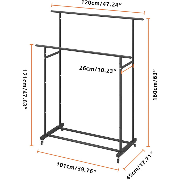 Clothes Rack with Double Rod, Rolling Clothes Rack, Portable Clothes Rack for Bedroom, Living Room, Clothing Store (Black)