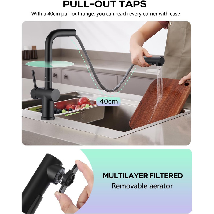 Змішувач кухонний з висувною лійкою, чорний, з двома режимами струменя, 360° обертання, з нержавіючої сталі