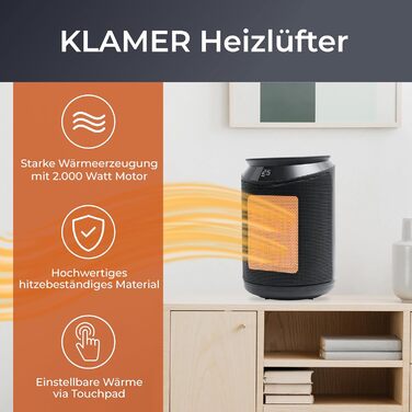 Електричний обігрівач KRAMER 2000W з PTC-керамікою, енергозберігаючий, 3 режими, таймер 9 год, термостат, захист від перегріву та перекидання, з пультом керування, для дому (чорний)
