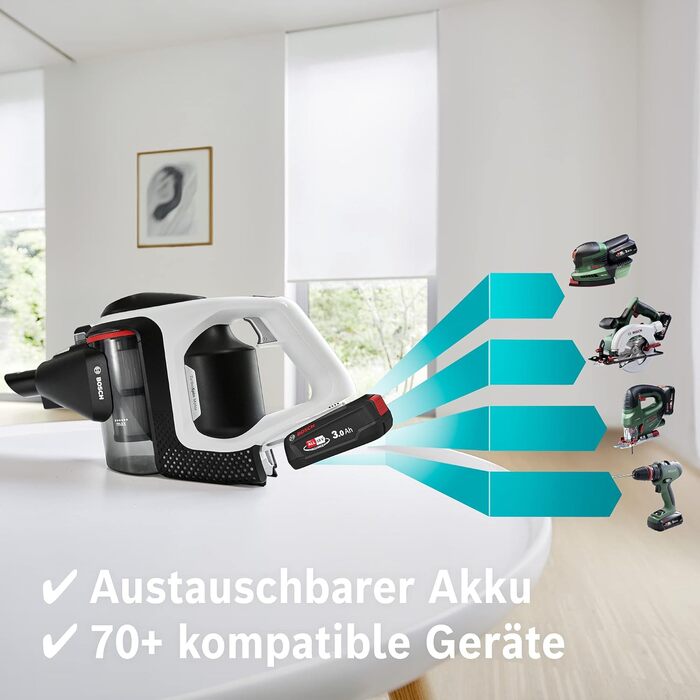 Bosch Unlimited Gen2 Series 8 Cordless Vacuum Cleaner BKS8214W, bagless, up to 45 minutes runtime, interchangeable battery, LED lighting, automatic adjustment to all floor types, XXL upholstery nozzle, white