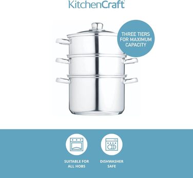 Набір з 3 каструль KitchenCraft з пароваркою, 3-рівневий, з нержавіючої сталі, для індукції, 22 см, сріблястий, у подарунковій коробці