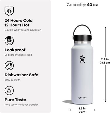 HYDRO FLASK - 1180ml (40oz) Water Bottle - Insulated Stainless Steel Water Bottle - Sports Bottle with Leakproof Flex Cap Lid & Strap - Dishwasher Safe Thermos - Wide Mouth Opening - Indigo