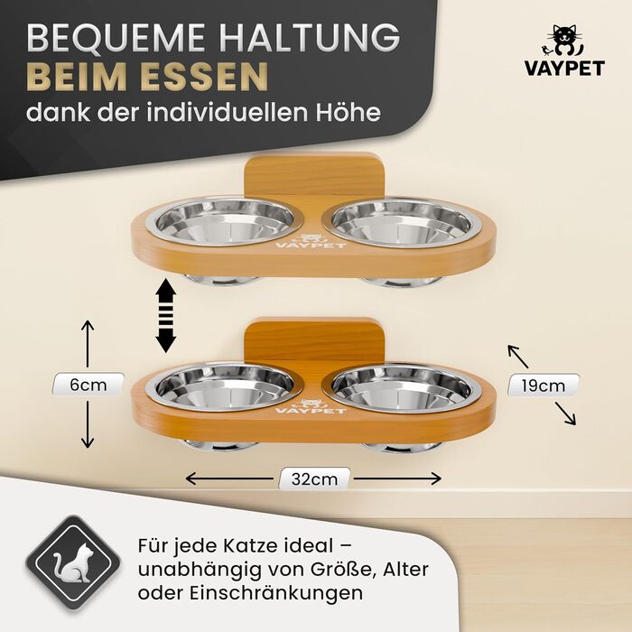 Підвищений годівниця для котів Doppel-Katzennapf з силіконовим клеєм для кріплення на стіну без свердління. Плавучий годівниця для котів, довговічна чаша з нержавіючої сталі (дуб)