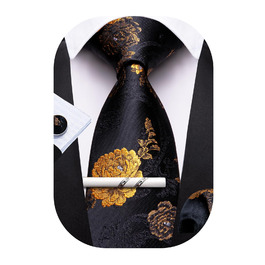 Краватки Barry.Wang для хлопчиків, 119.9 см, самов'язування, краватка-хустинка, шкільна форма, випускний, виступ, вік 6-15 років (чорні з золотими квітами)