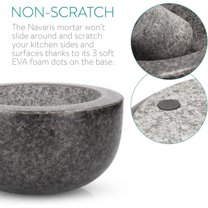 Navaris Granite Mortar and Pestle Set - Large Stone Mortar & Pestle for Spices, Pesto, Herbs - Includes Stamper with Mallet - Ø 16cm
