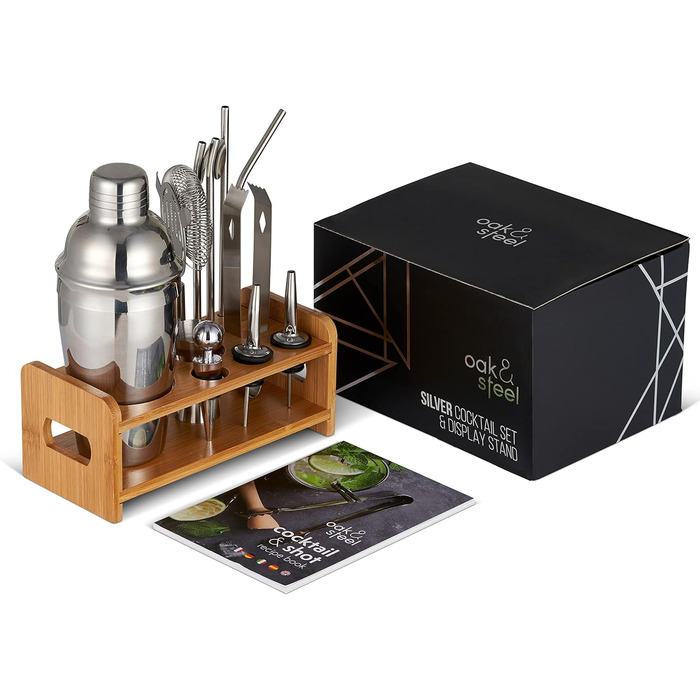 Професійний набір для приготування коктейлів Oak & Steel з нержавіючої сталі (13 предметів) з дерев'яним підставкою, рецептами коктейлів та шотів - аксесуари для бару