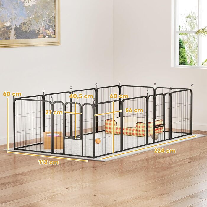 PawHut Забіг для собак, сталевий вольєр з 12 панелей, розкладний, 168 x 168 x 60 см, з 2 дверима, для малих собак, чорний