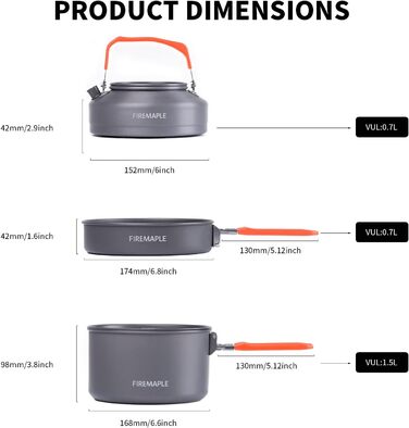 Набір кухонного посуду для кемпінгу Fire-Maple Feast 2: каструля, чайник, сковорода, миски та лопатка для 1-3 осіб (Помаранчевий)